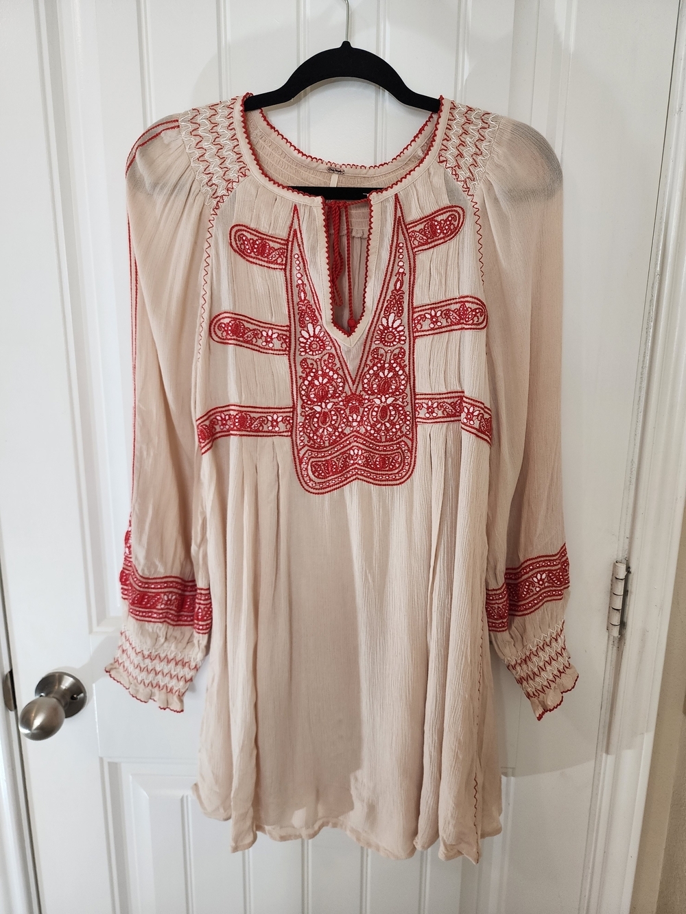 Free People Wind Willow Embroidered Mini Dress S Ivory Red Boho Peasant Dress - Picture 2 of 13